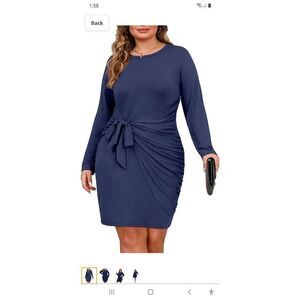 New 2X Olrik Blue Sexy Wrap Midi Dress Knot Front Ruched Long Sleeve Dre…